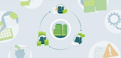 Accounts payable cycle illustration showing invoice receipt, payment approvals, check issuance, and cash flow.