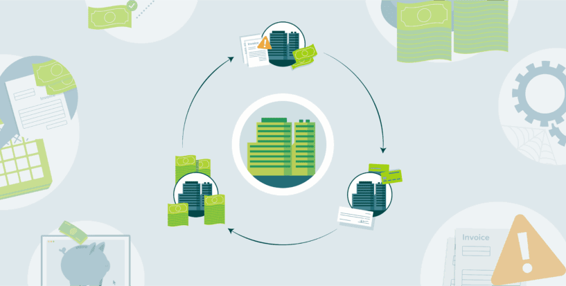 Accounts payable cycle illustration showing invoice receipt, payment approvals, check issuance, and cash flow.