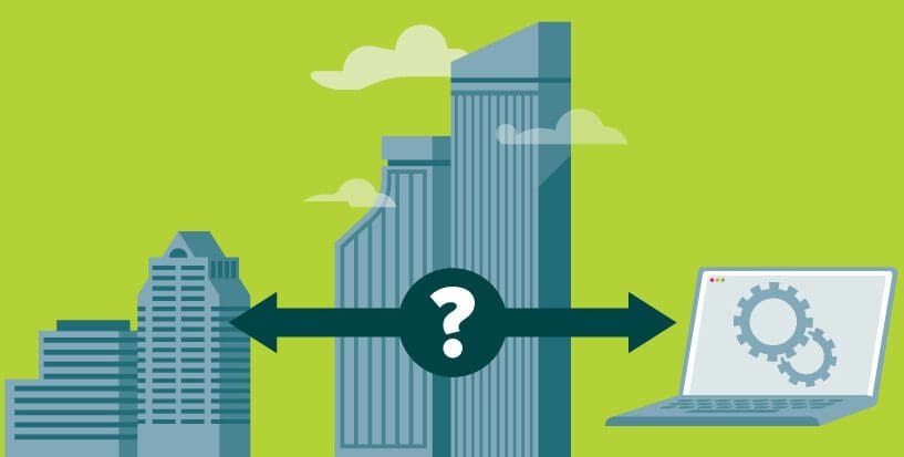Image of skyline with office building vs a computer screen
