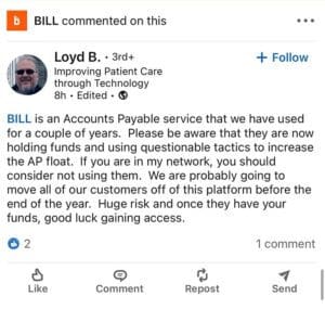 LinkedIn post by an unhappy BILL customer