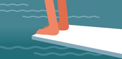 Cartoon of a person standing on a diving board, only their feet are shown