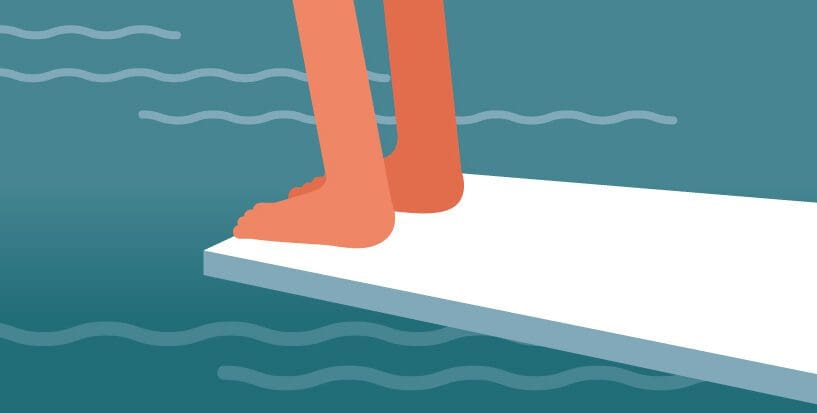 Cartoon of a person standing on a diving board, only their feet are shown
