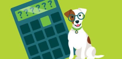 Cartoon of a dog sitting in front of a calculator