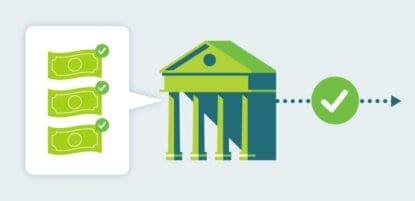 Cartoon graphic demonstrating flow of batch payment processing