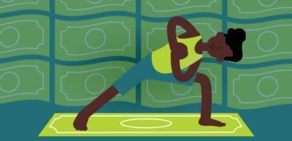 Cartoon of a person doing yoga on a dollar bill